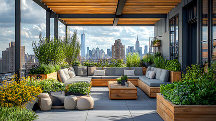 rooftop co working garden lounge with greenery and city skyline views, perfect for relaxation and productivity