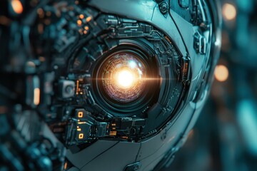 Fototapeta premium Glowing robotic eye with intricate circuits in a futuristic setting. Generative AI