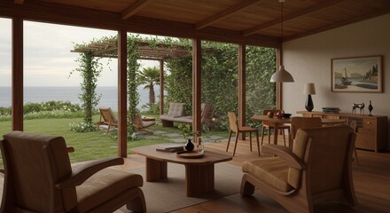 Fototapeta premium Cozy Coastal Living Room with Garden View and Natural Light