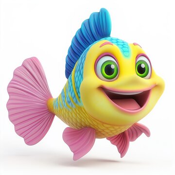 cartoon illustration of a fish. The fish has a yellow body with blue stripes and a pink tail. It has a big smile on its face and its eyes are green