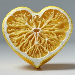 A Zest for Love: A Heart-Shaped Lemon Slice, Revealing its Juicy Interior and Vibrant Yellow Hue, a Symbol of Sweet and Sour Affection.
