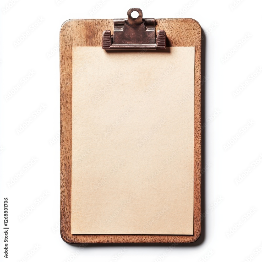 Poster polished wooden clipboard with blank sheet ready for notes and ideas in a creative workspace