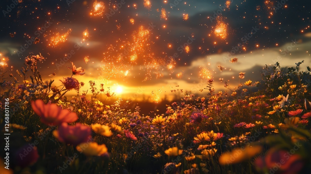 Poster vibrant meadow filled with colorful wildflowers at sunset creating a magical atmosphere of warmth an
