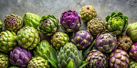 Fototapeta premium Colorful Artichokes Displayed on Grey Surface Background
