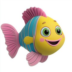 cartoon illustration of a fish. The fish has a yellow body with blue stripes and a pink tail. It has a big smile on its face and its eyes are green
