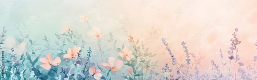 Aufkleber pastel floral background featuring soft hues with delicate blooms and greenery in a tranquil setting