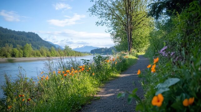 Spring marathon route showcases vibrant wildflowers along riverbank with scenic mountain backdrop