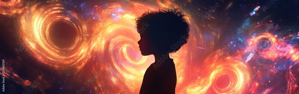 Poster Mystical visualization of a glowing child against a cosmic backdrop filled with vibrant energy swirls