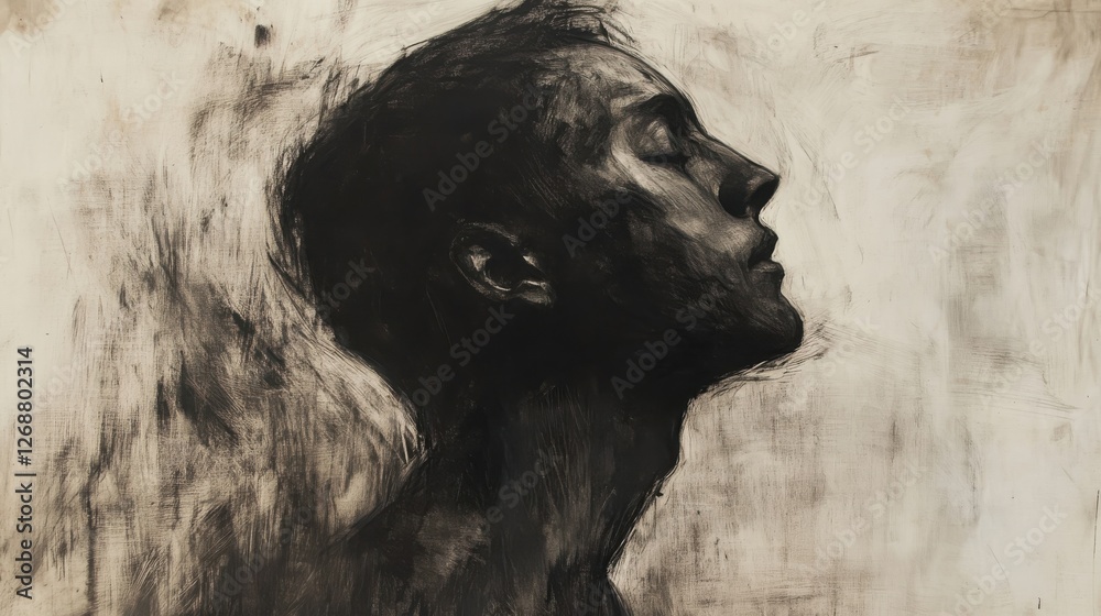 Poster Mystical profile of a man captured in dark tones with abstract textures reflecting emotion and depth