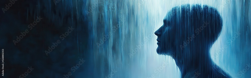 Poster mans profile illuminated by mystical light cascading like water in an ethereal landscape