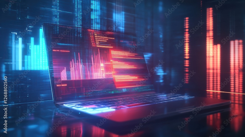Leinwandbilder Modern laptop displaying vibrant data visualizations in a tech-focused workspace during nighttime hours
