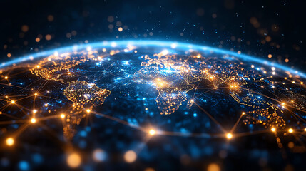 Global Network Connections Digital World Map web data blue gold dark  