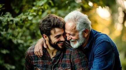 Heartwarming outdoor moment shared between a younger man and an older man in a lush green setting during late afternoon