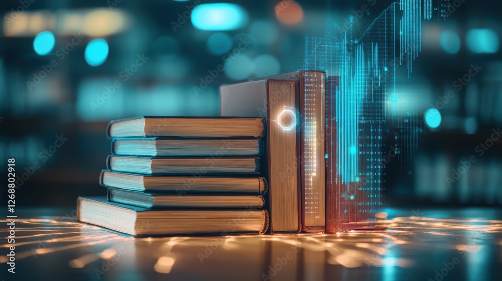 Leinwandbilder Glowing stack of books illuminated with digital light patterns in a modern educational setting at night