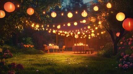 Obraz premium Glowing outdoor party with lanterns under a starry sky in a lush garden during a warm evening celebration