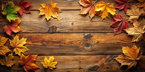 Obraz premium Warm amber hues of autumn leaves scattered on a textured wooden background, earthy tones