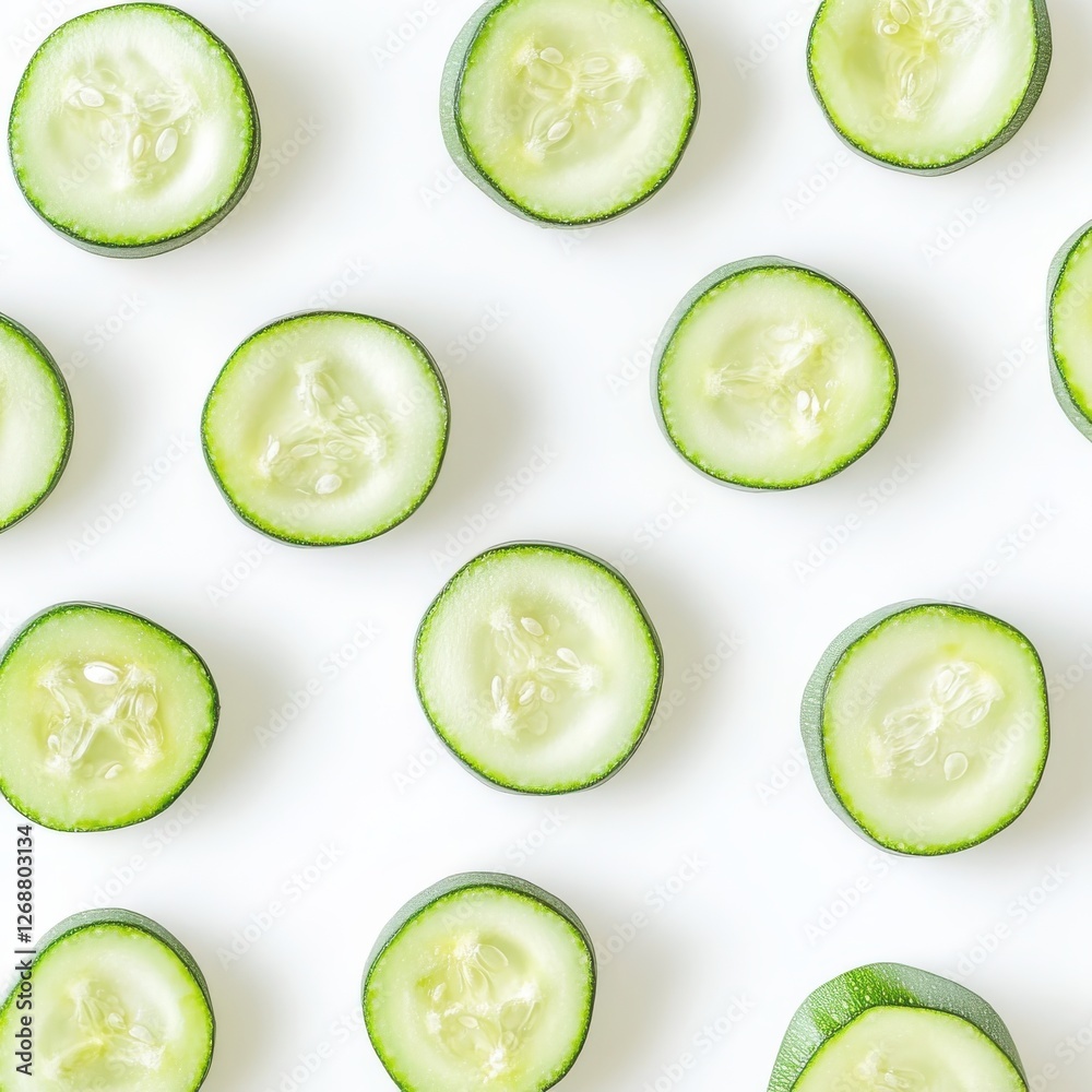Poster freshly sliced green zucchini rounds arranged in a circular pattern on a clean white surface for cul