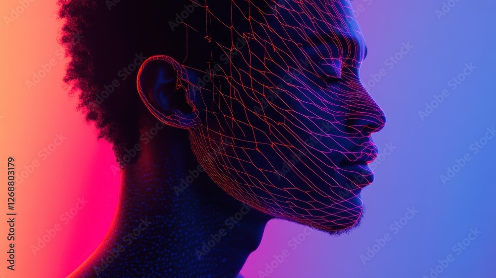 Leinwandbilder Dynamic profile of a man illuminated with vibrant colors and intricate patterns in a creative studio setting