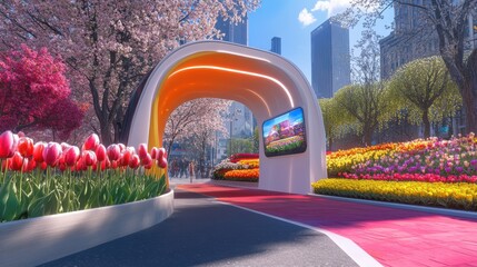 Futuristic VR travel booth enhances city square experience amidst vibrant spring flowers