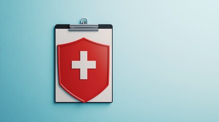 Fototapeta premium A red shield with a white cross on a clipboard against a light blue background, symbolizing healthcare or medical services.