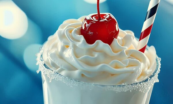 Close-up of a creamy milkshake topped with whipped cream and a cherry. Refreshing, sweet, and indulgent, perfect for dessert, beverage, or food-related content.