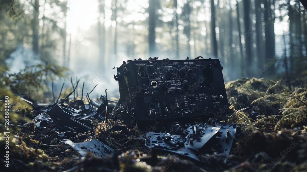 Poster black box recorder rests among scattered airplane debris in forest clearing following crash incident