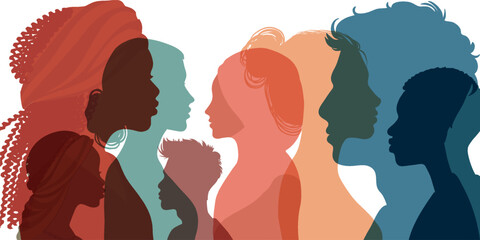 Silhouette profile group of men and women of diverse culture. Diversity equality inclusion. DEIB. Multicultural. Crowd of people