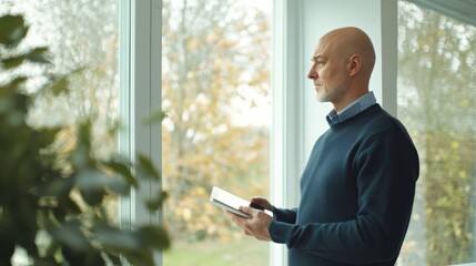 Fototapeta premium Contemplative middle-aged man standing by window reflecting on his thoughts while holding a book in a serene setting