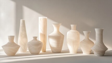A collection of translucent alabaster vases with varying shapes and heights arranged in a row, illuminated by soft natural window light casting diagonal shadows. Generative AI