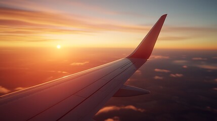 A serene view from an airplane wing at sunset, showcasing vibrant colors in the sky and clouds below.