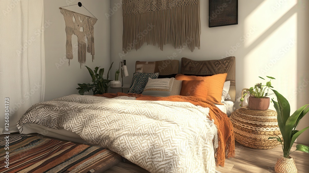 Poster boho-inspired bedroom featuring textured throws and natural elements creating a cozy atmosphere