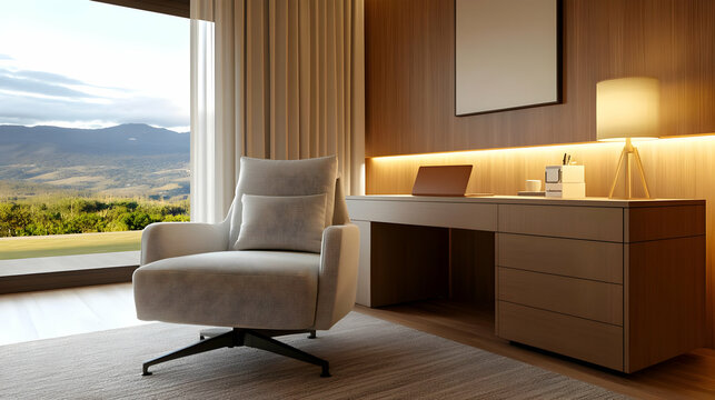 Modern and cozy home office with a stylish chair overlooking beautiful scenery.