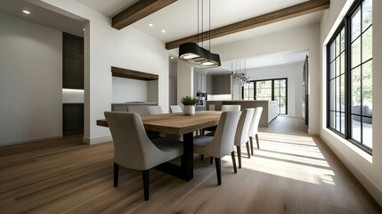 Fototapeta premium Modern dining room with elegant furniture and natural light streaming through large windows.