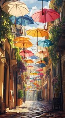 Colorful umbrellas create a vibrant atmosphere in a charming European street