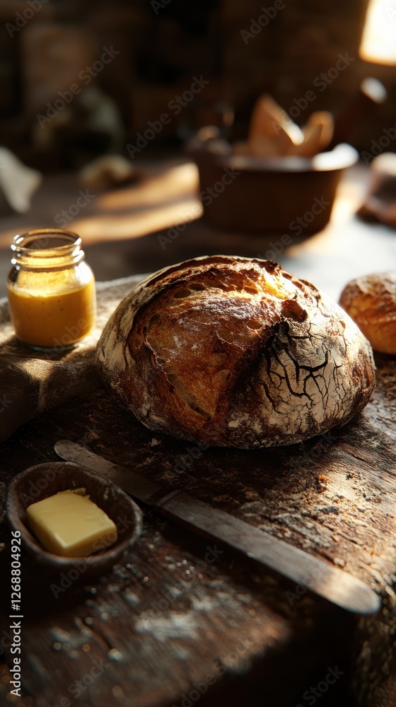 Poster rustic loaf of bread with butter and honey on a wooden table in a cozy kitchen setting