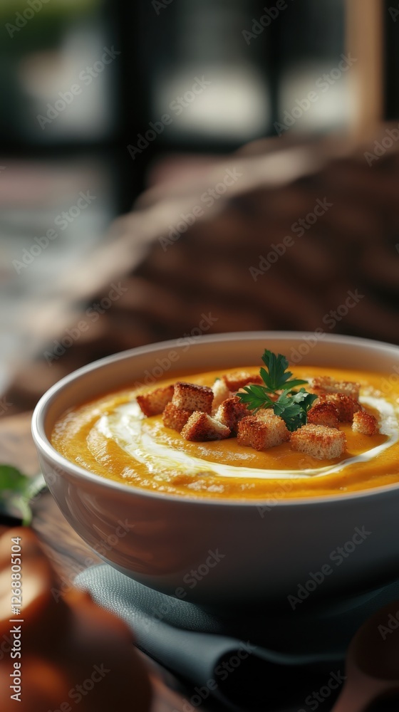 Poster close-up view of a bowl filled with creamy pumpkin soup topped with croutons and herbs in a cozy set