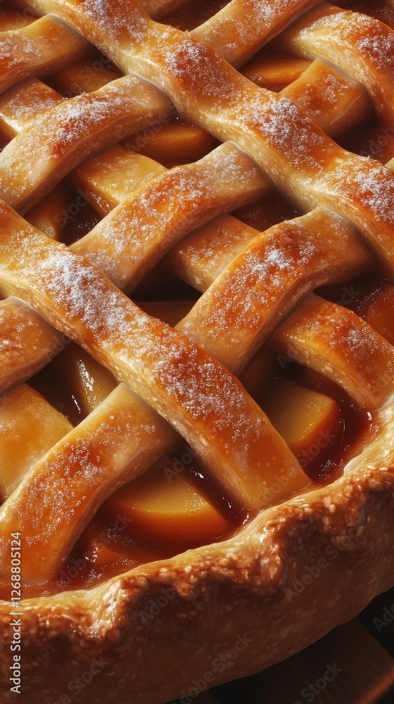Poster close-up of a freshly baked apple pie with a golden lattice crust showcasing its delicious filling
