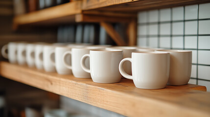 White ceramic coffee mugs arranged neatly on a wooden shelf in a cozy cafe filled with warm light and rustic decor. Generative AI