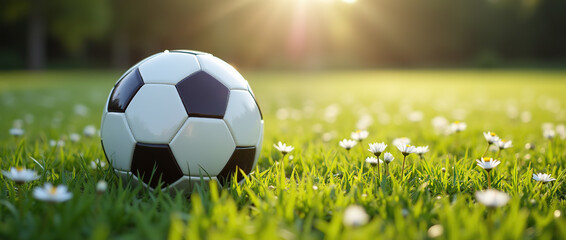 Soccer ball resting on a fresh green grass field, evoking a sense of anticipation and play.