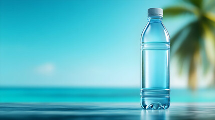 Obraz premium Refreshing bottle of water against a tropical backdrop with a turquoise sea.