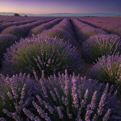 Obraz premium A breathtaking view of a lavender field stretching to the horizon under a twilight sky.