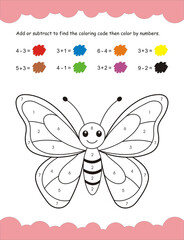 Find and color worksheet, color by numbers worksheet, coloring worksheet for kids. Designed for pre primary, nursery and kindergarten. coloring butterfly