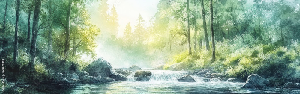 Leinwandbilder serene river flowing through a lush forest with soft sunlight filtering through the trees at dawn