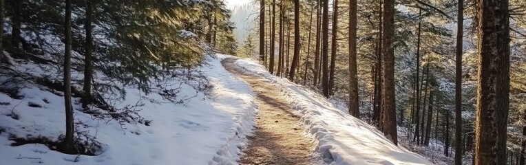 Winter hiking trail winding through serene snow-covered forest in late afternoon sunlight