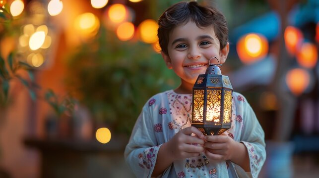 Child holding a Ramadan lantern with a big smile