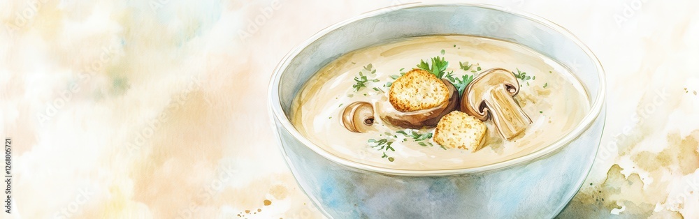Poster close-up of a creamy mushroom soup in a soft watercolor background showcasing herbs and croutons