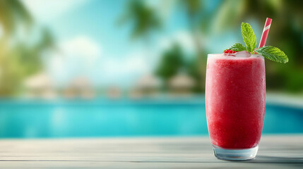 Obraz premium Refreshing red smoothie in a glass with mint against a sunny pool background.