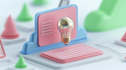Innovative Idea Concept 3D Render of Lightbulb above Laptop Screen Creative Solution