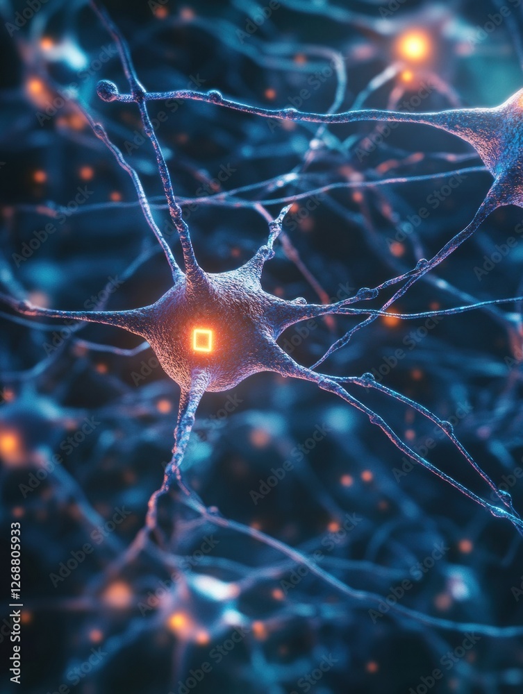 Poster microscopic view of neurons with glowing synapses in a neural network. generative ai