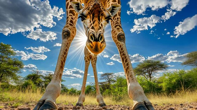 Majestic giraffe looking down at camera in sunny african savanna
